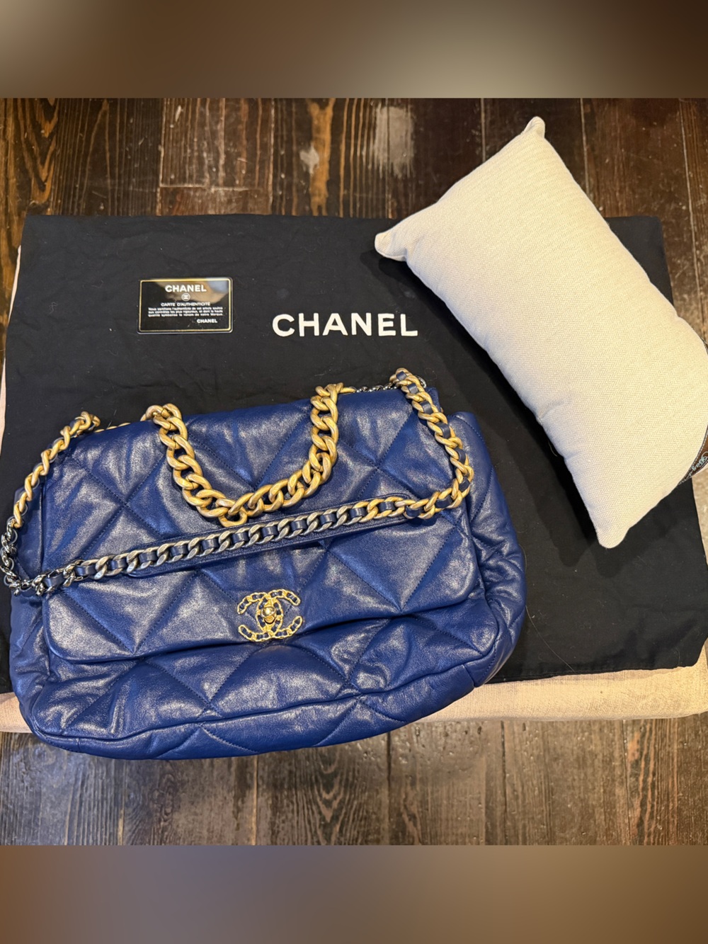 CHANEL 19 Quilted Goatskin Maxi Flap - Blue with Gold and Silver Hardware - Picture 10 of 11